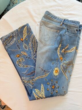 bebe Blue Embellished Boot-Cut Jeans with Gold Accents